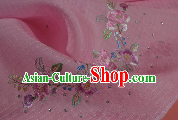 Chinese Classical Peach Flowers Pattern Silk Material Traditional Hanfu Dress Embroidered Pink Silk Fabric Chinese Classical Peach Flowers Pattern Silk Material Traditional Hanfu Dress Embroidered Pink Silk Fabric