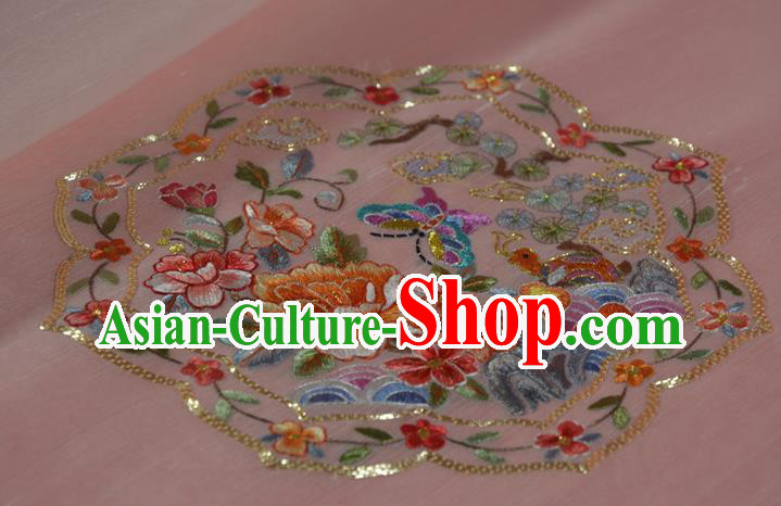 Chinese Traditional Hanfu Silk Fabric Classical Embroidered Butterfly Peony Pink Silk Material Chinese Traditional Hanfu Silk Fabric Classical Embroidered Butterfly Peony Pink Silk Material