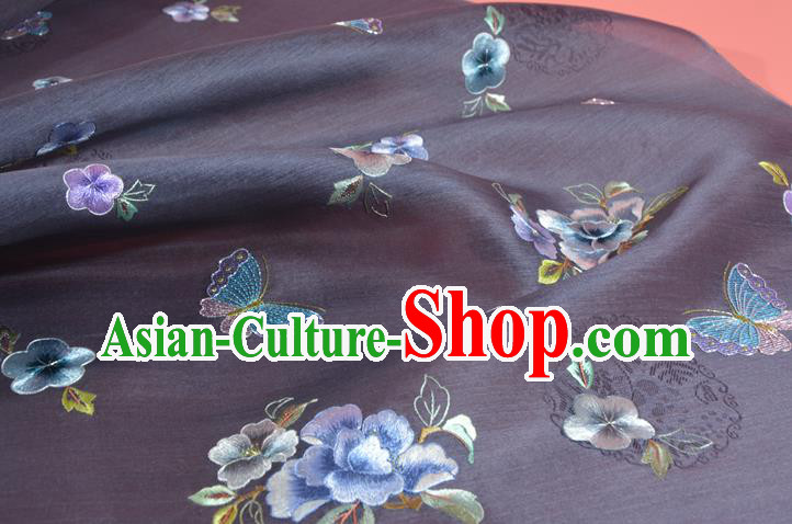 Chinese Classical Grey Purple Natural Silk Material Traditional Hanfu Embroidered Flowers Butterfly Silk Fabric Chinese Classical Grey Purple Natural Silk Material Traditional Hanfu Embroidered Flowers Butterfly Silk Fabric
