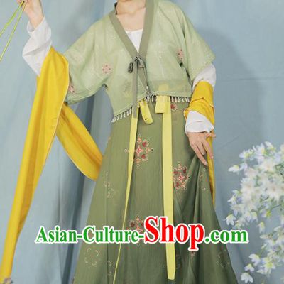 China Ancient Tang Dynasty Young Lady Historical Costume Traditional Green Hanfu Outfits