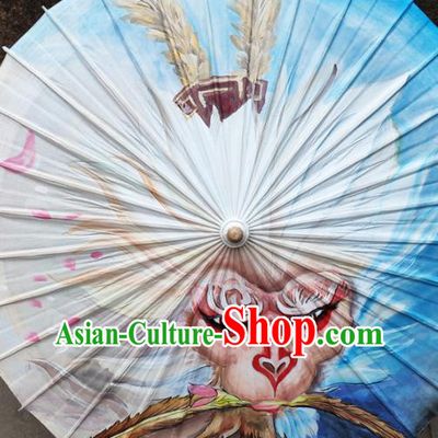 Traditional China Blue Oil Paper Umbrella Handmade Umbrellas Artware Painting Monkey King Umbrella