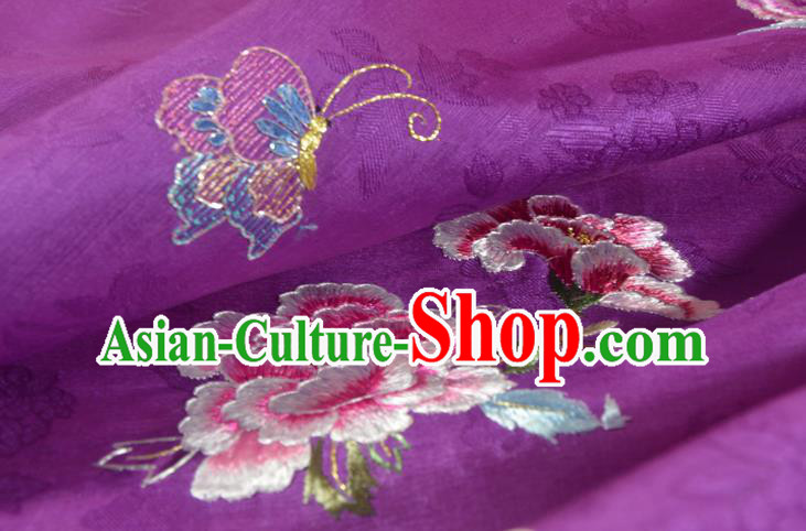 Traditional Handmade Embroidered Peony Butterfly Purple Silk Korean Hanbok Silk Fabric Traditional Handmade Embroidered Peony Butterfly Purple Silk Korean Hanbok Silk Fabric