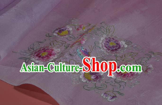 Traditional Korean Hanbok Lilac Silk Fabric Handmade Embroidered Peony Silk Textile Traditional Korean Hanbok Lilac Silk Fabric Handmade Embroidered Peony Silk Textile