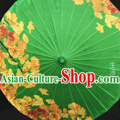 Chinese Classical Painting Ginkgo Leaf Umbrella Dance Umbrellas Traditional Hanfu Green Silk Umbrella