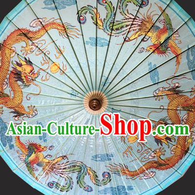 Traditional China Handmade Light Blue Umbrellas Artware Wedding Umbrella Painting Dragon Phoenix Oil Paper Umbrella