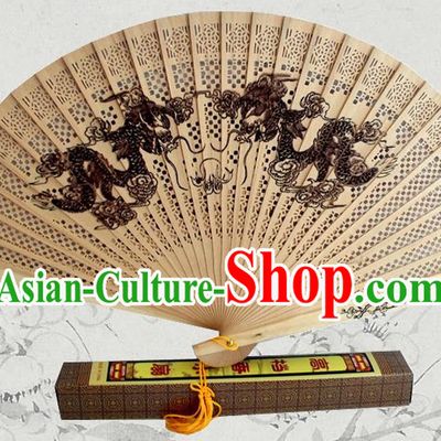Handmade China Pierced Wood Fan Ink Painting Dragons Accordion Traditional Sandalwood Folding Fan
