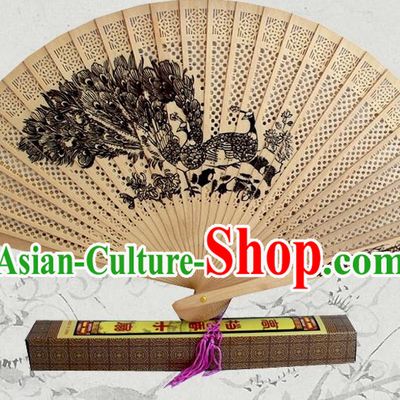 Handmade China Traditional Sandalwood Folding Fan Pierced Wood Fan Ink Painting Peacock Accordion