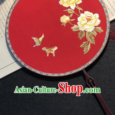 Handmade China Wedding Palace Fan Traditional Embroidered Peony Butterfly Circular Fan Classical Dance Red Silk Fan