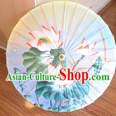 Traditional China Handmade Umbrellas Artware White Oil Paper Umbrella Classical Painting Lotus Paper Umbrella