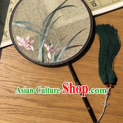 Handmade China Embroidered Orchids Silk Fan Princess Circular Fan Traditional Hanfu Fans Classical Palace Fan