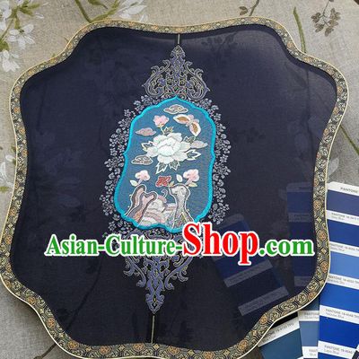 China Handmade Navy Silk Fan Wedding Fan Traditional Hanfu Embroidered Fan Classical Palace Fan