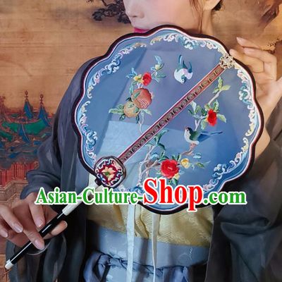 China Handmade Blue Silk Classical Palace Fan Traditional Song Dynasty Hanfu Fan Embroidered Pomegranate Fan