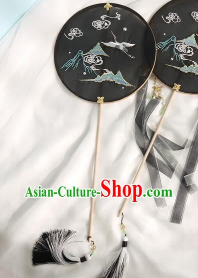China Handmade Black Silk Circular Fan Traditional Hanfu Fan Embroidered Crane Palace Fan China Handmade Black Silk Circular Fan Traditional Hanfu Fan Embroidered Crane Palace Fan
