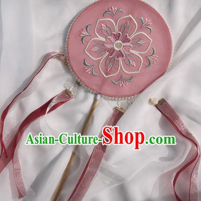 China Handmade Pink Silk Circular Fan Traditional Tang Dynasty Hanfu Fan Ancient Princess Embroidered Palace Fan