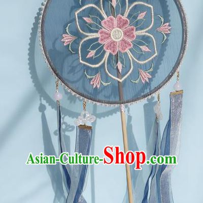 China Traditional Tang Dynasty Princess Fan Handmade Embroidered Palace Fan Navy Silk Circular Fan