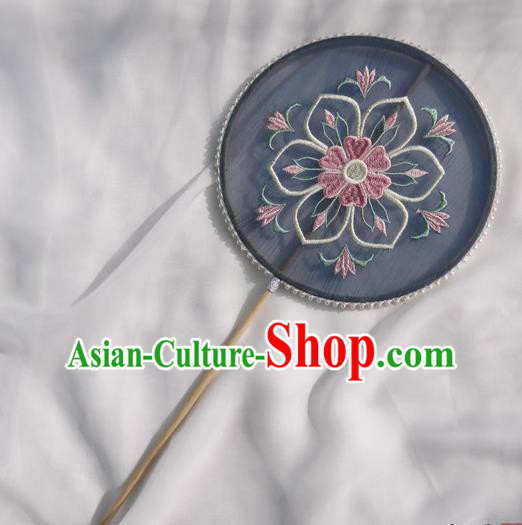China Traditional Tang Dynasty Princess Fan Handmade Embroidered Palace Fan Navy Silk Circular Fan China Traditional Tang Dynasty Princess Fan Handmade Embroidered Palace Fan Navy Silk Circular Fan