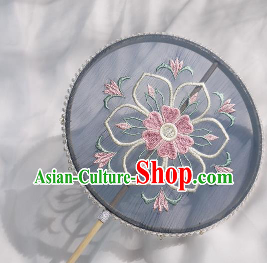 China Traditional Tang Dynasty Princess Fan Handmade Embroidered Palace Fan Navy Silk Circular Fan China Traditional Tang Dynasty Princess Fan Handmade Embroidered Palace Fan Navy Silk Circular Fan