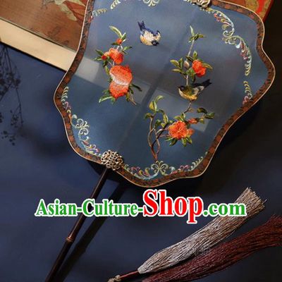 China Handmade Blue Silk Fan Classical Palace Fan Traditional Ming Dynasty Hanfu Embroidered Pomegranate Fan