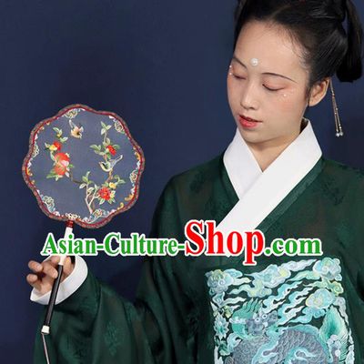 China Embroidered Palace Fan Handmade Wedding Blue Silk Fan Traditional Ming Dynasty Princess Fan