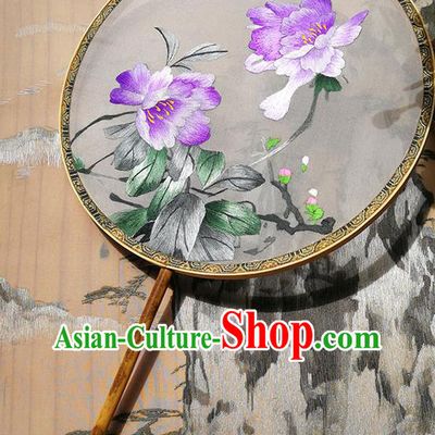 Handmade China Hanfu Silk Fan Circular Fan Traditional Palace Fan Embroidered Purple Peony Fan
