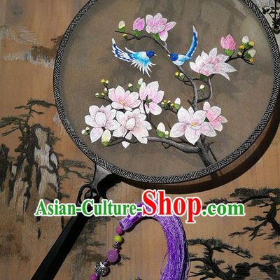 China Embroidered Mangnolia Circular Fan Handmade Black Silk Fans Palace Fan Traditional Hanfu Fan