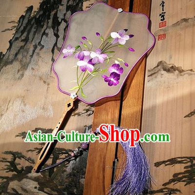 China Embroidered Purple Flowers Fan Traditional Hanfu Fan Handmade Silk Fans Palace Fan
