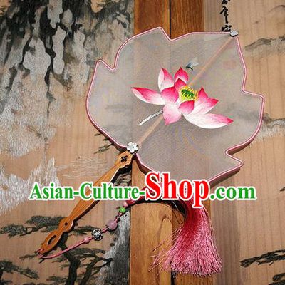 China Traditional Hanfu Fan Handmade Silk Fans Palace Fan Embroidered Pink Lotus Fan