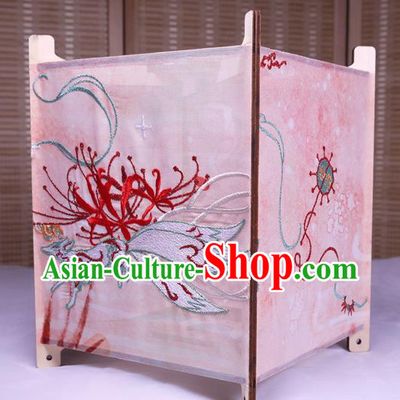 China Classical Palace Lantern Traditional Spring Festival Pink Silk Lanterns Handmade Embroidered Nine Tails Fox Portable Lamp