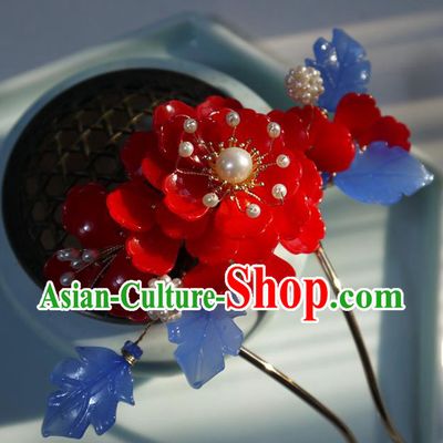 China Ming Dynasty Hair Comb Ancient Palace Princess Red Begonia Hairpin