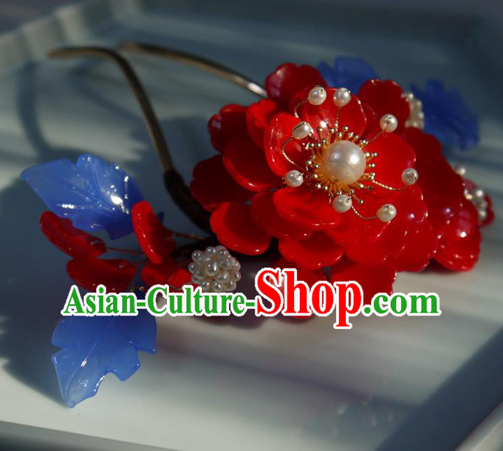 China Ming Dynasty Hair Comb Ancient Palace Princess Red Begonia Hairpin China Ming Dynasty Hair Comb Ancient Palace Princess Red Begonia Hairpin
