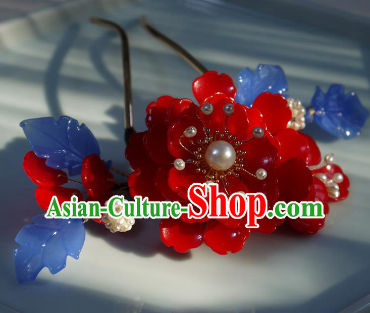 China Ming Dynasty Hair Comb Ancient Palace Princess Red Begonia Hairpin China Ming Dynasty Hair Comb Ancient Palace Princess Red Begonia Hairpin