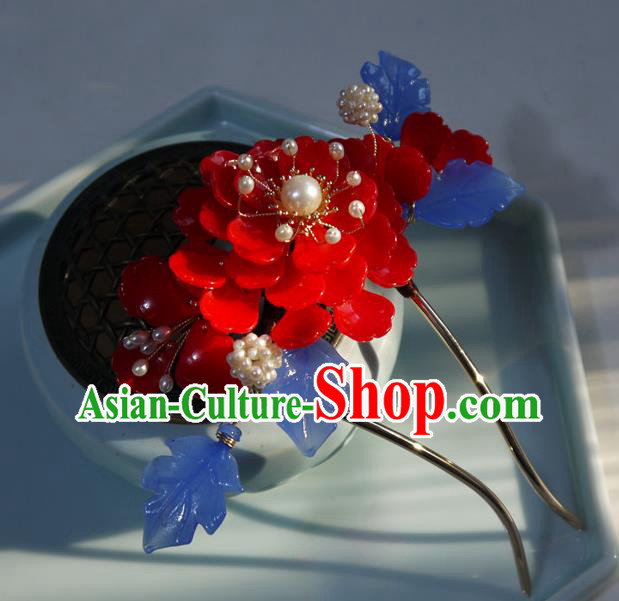 China Ming Dynasty Hair Comb Ancient Palace Princess Red Begonia Hairpin China Ming Dynasty Hair Comb Ancient Palace Princess Red Begonia Hairpin