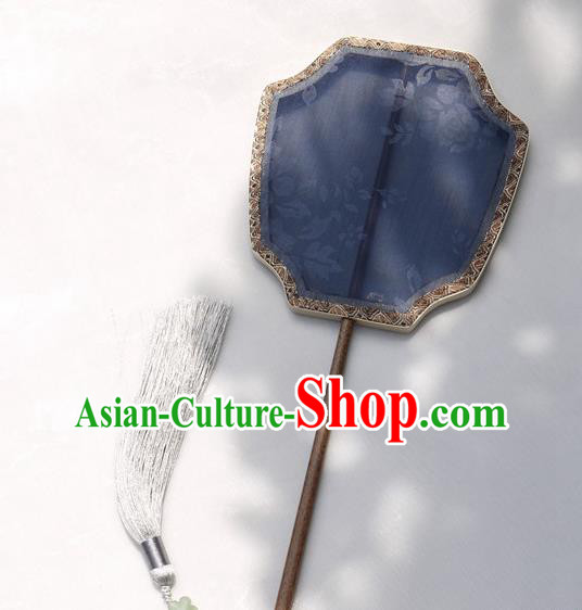 China Handmade Palace Fan Classical Peony Pattern Blue Silk Fan Traditional Hanfu Fan