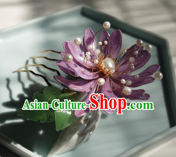 China Handmade Purple Chrysanthemum Hair Comb Traditional Hanfu Pearls Hairpin Hair Accessories China Handmade Purple Chrysanthemum Hair Comb Traditional Hanfu Pearls Hairpin Hair Accessories