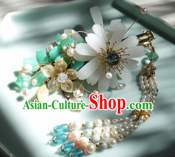 China Traditional Ming Dynasty Pearls Tassel Hairpin Handmade Ancient Princess Chrysanthemum Hair Stick China Traditional Ming Dynasty Pearls Tassel Hairpin Handmade Ancient Princess Chrysanthemum Hair Stick