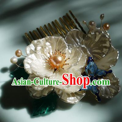China Handmade Ancient Princess Shell Gardenia Hair Comb Traditional Ming Dynasty Pearls Hairpin