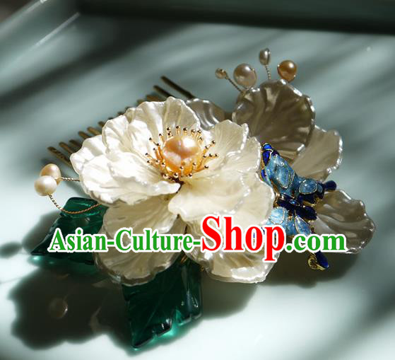 China Handmade Ancient Princess Shell Gardenia Hair Comb Traditional Ming Dynasty Pearls Hairpin China Handmade Ancient Princess Shell Gardenia Hair Comb Traditional Ming Dynasty Pearls Hairpin