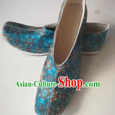 Chinese Traditional Ming Dynasty Strong Cloth Soles Shoes Ancient Scholar Blue Brocade Shoes for Men