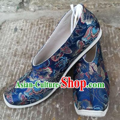 Chinese Traditional Strong Cloth Soles Shoes Song Dynasty Scholar Shoes Ancient Noble Childe Royalblue Brocade Shoes