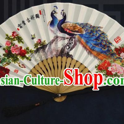 China Classical Painting Peacock Peony Silk Fan Traditional Folding Fan Handmade Accordion
