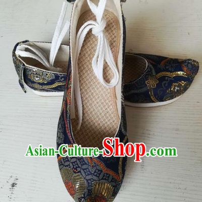 Chinese Ancient Scholar Navy Brocade Shoes Ming Dynasty Prince Shoes Traditional Hanfu Bow Shoes