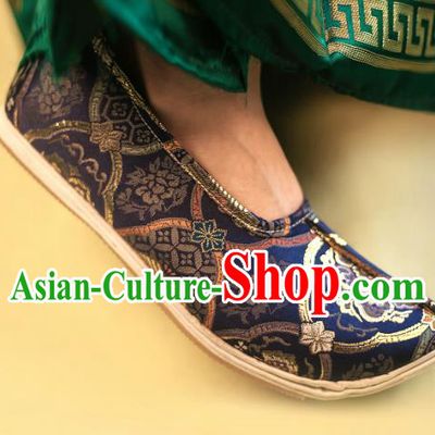Chinese Handmade Navy Brocade Shoes Traditional Hanfu Shoes Ming Dynasty Noble Prince Shoes
