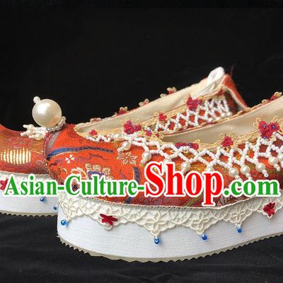 China Classical Red Brocade Shoes Ancient Princess Pearls Shoes Traditional Ming Dynasty Wedding Hanfu Shoes