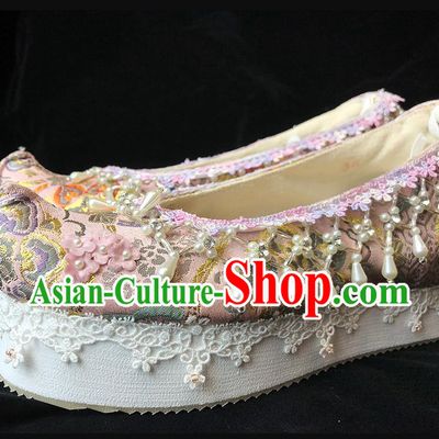 China Traditional Ming Dynasty Wedding Hanfu Shoes Classical Pink Brocade Shoes Ancient Princess Pearls Shoes