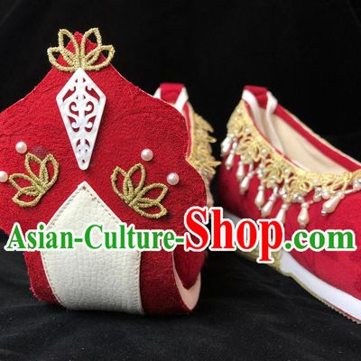 China Ancient Princess Pearls Shoes Classical Wedding Red Cloth Shoes Traditional Tang Dynasty Hanfu Shoes