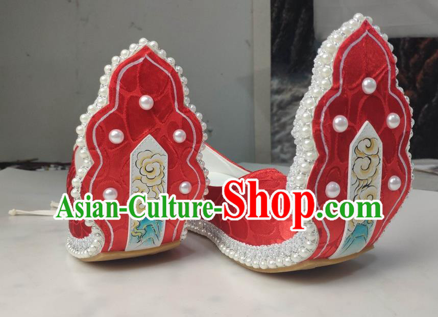China Traditional Tang Dynasty Princess Shoes Classical Red Brocade Shoes Hanfu Pearls Shoes China Traditional Tang Dynasty Princess Shoes Classical Red Brocade Shoes Hanfu Pearls Shoes