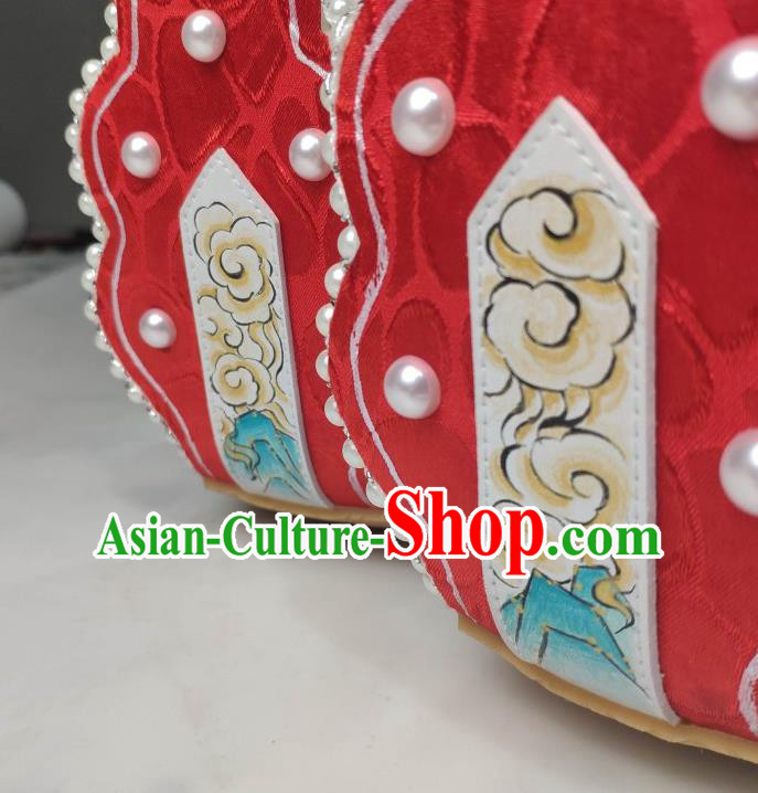 China Traditional Tang Dynasty Princess Shoes Classical Red Brocade Shoes Hanfu Pearls Shoes China Traditional Tang Dynasty Princess Shoes Classical Red Brocade Shoes Hanfu Pearls Shoes