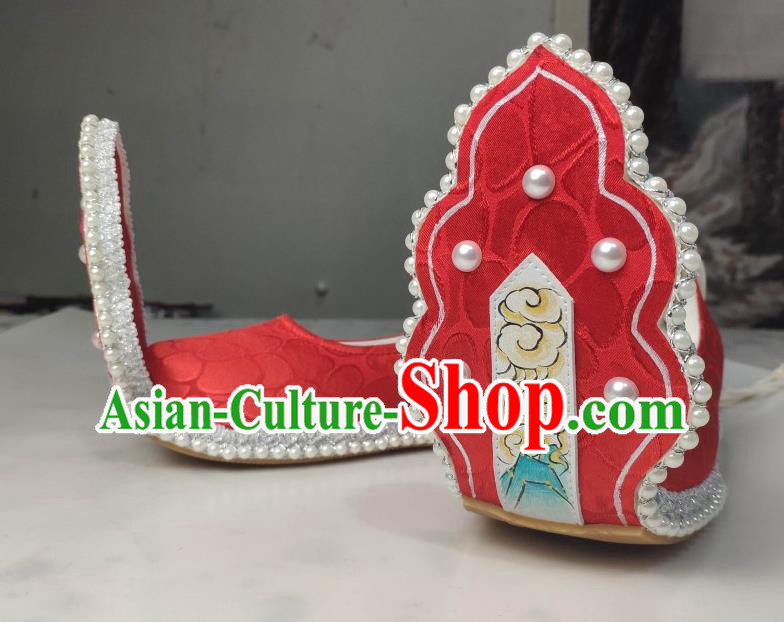 China Traditional Tang Dynasty Princess Shoes Classical Red Brocade Shoes Hanfu Pearls Shoes China Traditional Tang Dynasty Princess Shoes Classical Red Brocade Shoes Hanfu Pearls Shoes