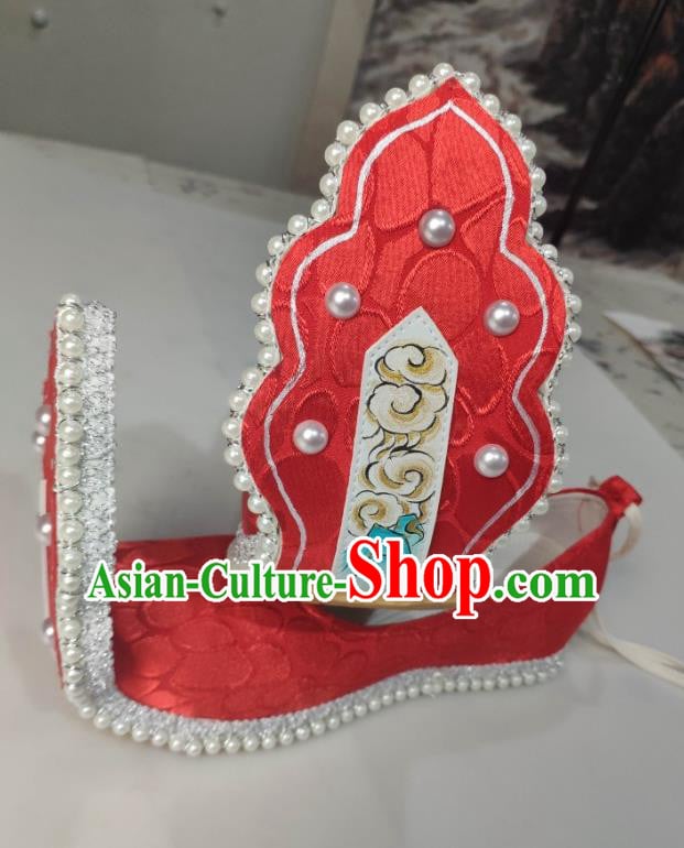 China Traditional Tang Dynasty Princess Shoes Classical Red Brocade Shoes Hanfu Pearls Shoes China Traditional Tang Dynasty Princess Shoes Classical Red Brocade Shoes Hanfu Pearls Shoes