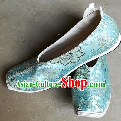 Chinese Ancient Prince Light Blue Brocade Shoes Traditional Song Dynasty Scholar Shoes for Men